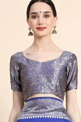 royal blue silk blend banarasi saree with unstitched blouse piece