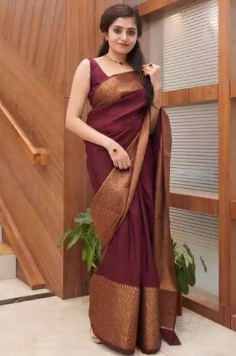 wine  soft art silk banarasi jacuard work designer party wear saree with unstitched blouse piece