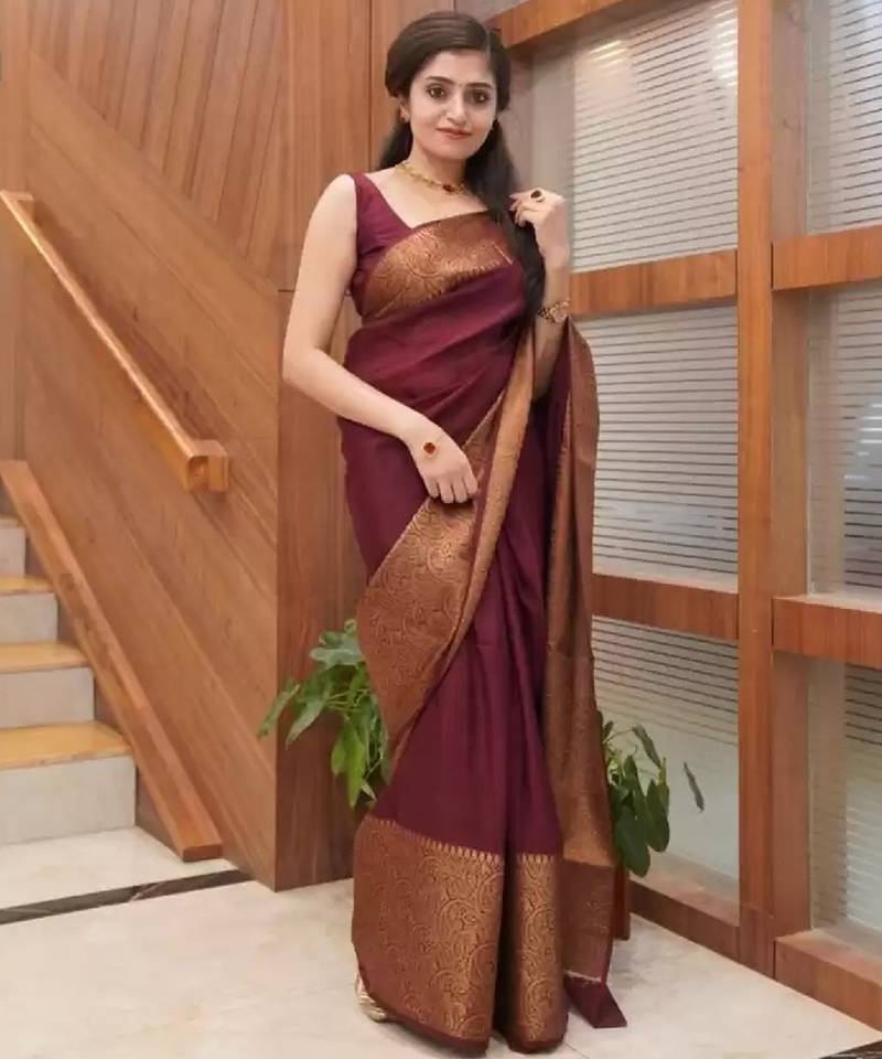 wine  soft art silk banarasi jacuard work designer party wear saree with unstitched blouse piece