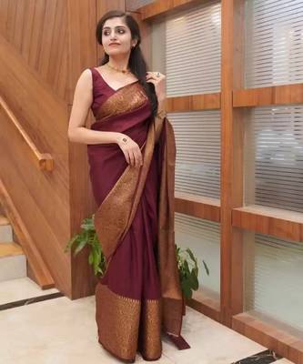 wine silk blend banarasi saree with unstitched blouse piece 2