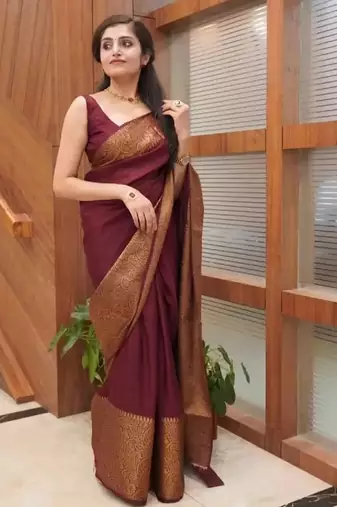 wine silk blend banarasi saree with unstitched blouse piece