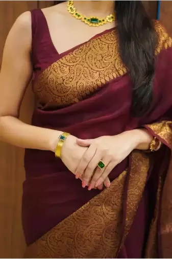 wine silk blend banarasi saree with unstitched blouse piece