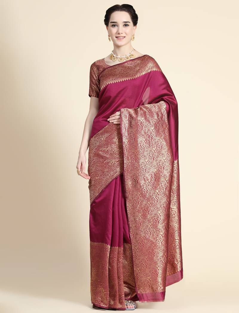 purple soft art silk banarasi jacuard work designer party wear saree with unstitched blouse piece