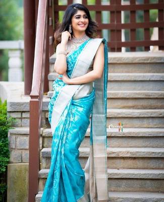 sky blue silk blend banarasi saree with unstitched blouse piece 1