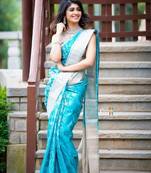 sky blue soft art silk banarasi jacuard work designer party wear saree with unstitched blouse piece