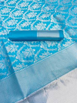 sky blue silk blend banarasi saree with unstitched blouse piece 5
