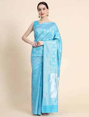 sky blue silk blend banarasi saree with unstitched blouse piece 1