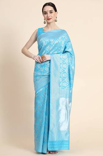 sky blue soft art silk banarasi jacuard work designer party wear saree with unstitched blouse piece