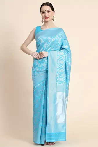 sky blue soft art silk banarasi jacuard work designer party wear saree with unstitched blouse piece