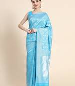 sky blue soft art silk banarasi jacuard work designer party wear saree with unstitched blouse piece