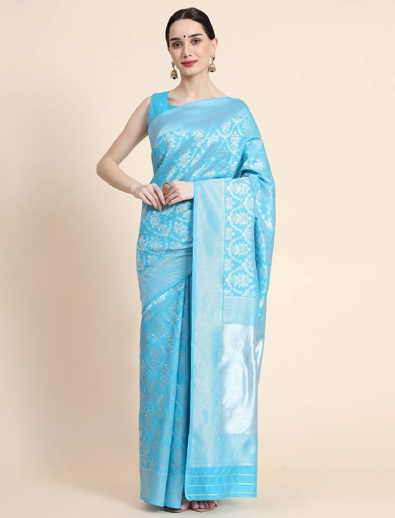 sky blue soft art silk banarasi jacuard work designer party wear saree with unstitched blouse piece