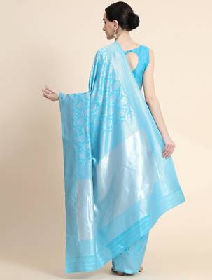 sky blue silk blend banarasi saree with unstitched blouse piece 2