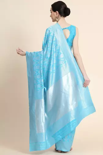 sky blue silk blend banarasi saree with unstitched blouse piece