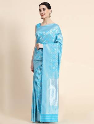sky blue silk blend banarasi saree with unstitched blouse piece 3