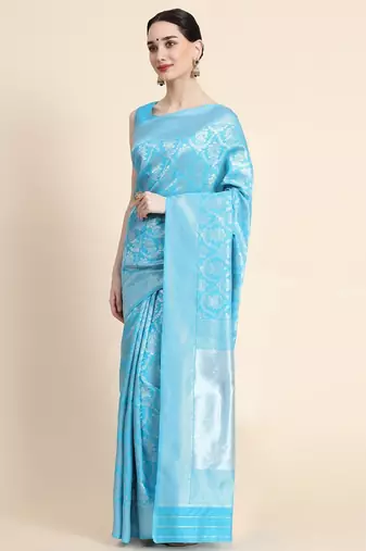 sky blue silk blend banarasi saree with unstitched blouse piece