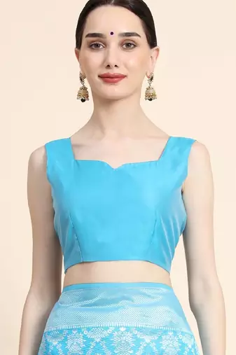 sky blue silk blend banarasi saree with unstitched blouse piece