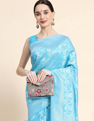 sky blue silk blend banarasi saree with unstitched blouse piece 5