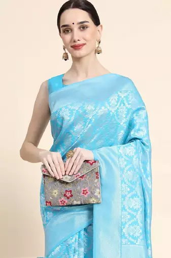 sky blue silk blend banarasi saree with unstitched blouse piece