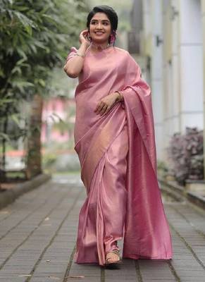 pink silk blend banarasi saree with unstitched blouse piece 1