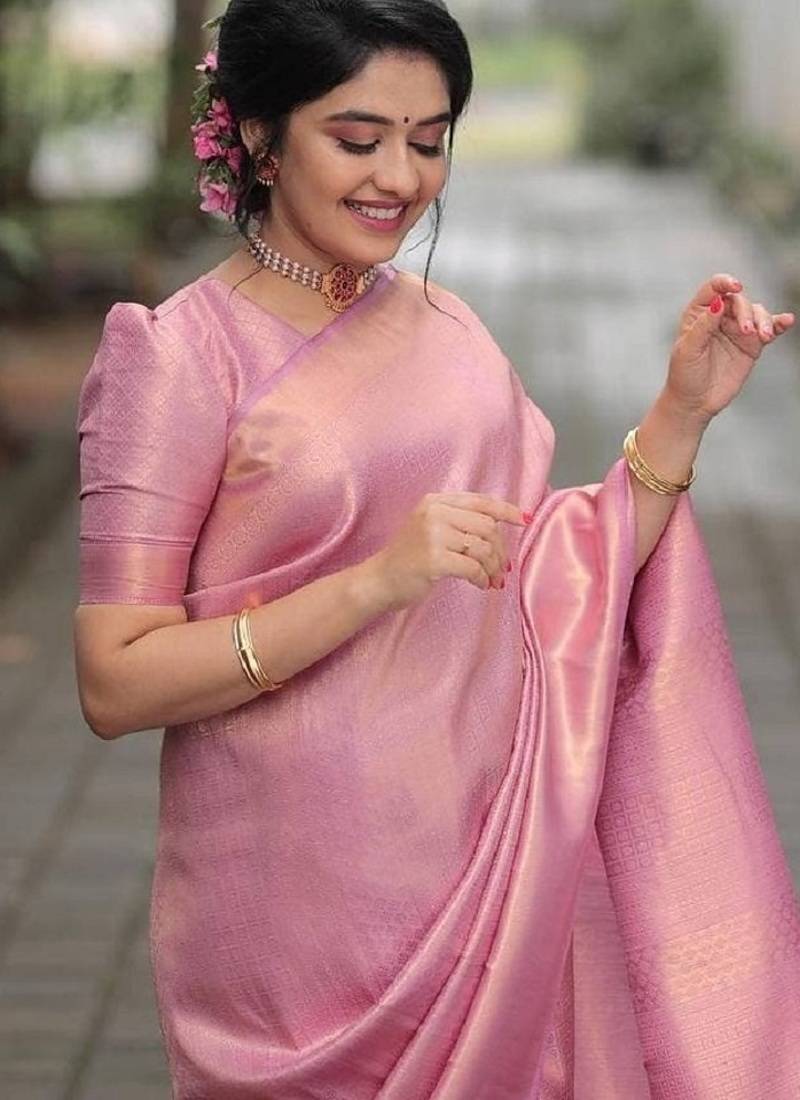 pink soft art silk banarasi jacuard work designer party wear saree with unstitched blouse piece