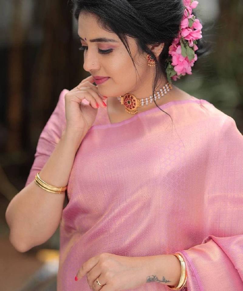 pink soft art silk banarasi jacuard work designer party wear saree with unstitched blouse piece