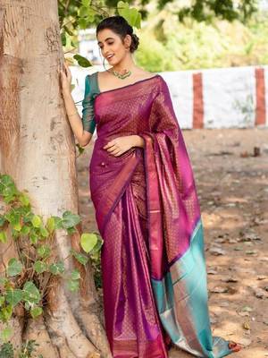 purple rama silk blend banarasi saree with unstitched blouse piece 1
