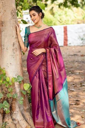 purple rama silk blend banarasi saree with unstitched blouse piece