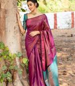 purple rama silk blend banarasi saree with unstitched blouse piece