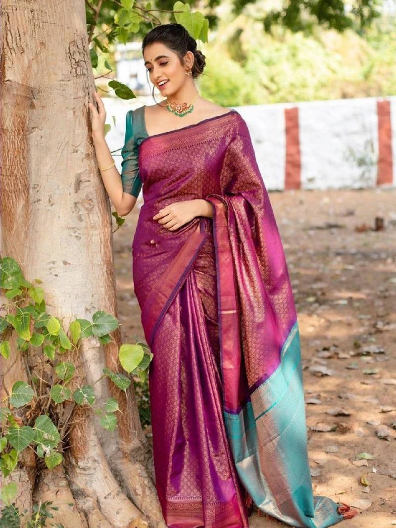 purple rama silk blend banarasi saree with unstitched blouse piece