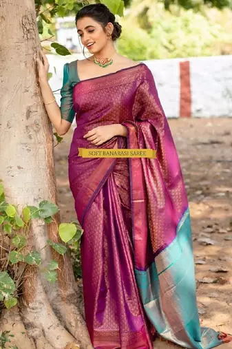 purple rama  soft art silk banarasi jacuard work designer party wear saree with unstitched blouse piece