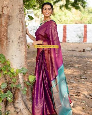 purple rama silk blend banarasi saree with unstitched blouse piece 2
