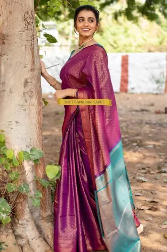 purple rama silk blend banarasi saree with unstitched blouse piece