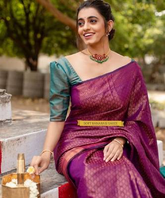 purple rama silk blend banarasi saree with unstitched blouse piece 3