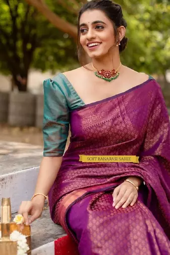 purple rama silk blend banarasi saree with unstitched blouse piece