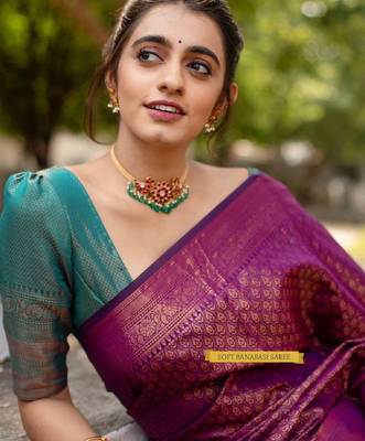 purple rama silk blend banarasi saree with unstitched blouse piece 4