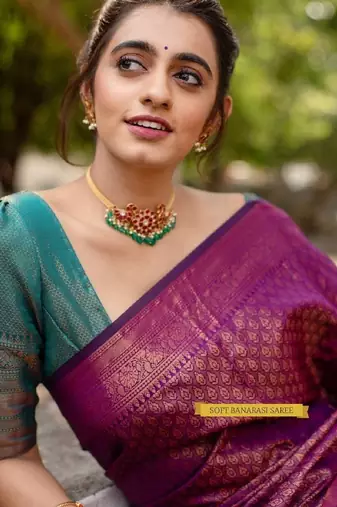purple rama silk blend banarasi saree with unstitched blouse piece