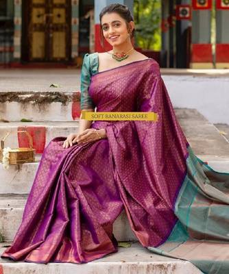 purple rama silk blend banarasi saree with unstitched blouse piece 5