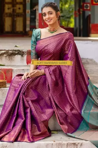 purple rama silk blend banarasi saree with unstitched blouse piece