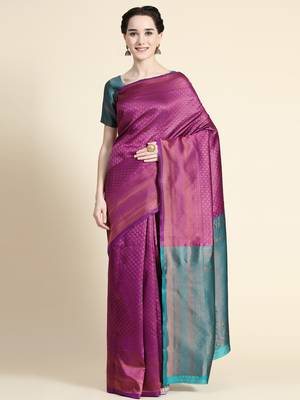 purple rama silk blend banarasi saree with unstitched blouse piece 1