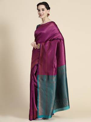 purple rama silk blend banarasi saree with unstitched blouse piece 2