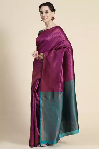 purple rama silk blend banarasi saree with unstitched blouse piece
