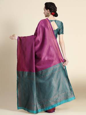 purple rama silk blend banarasi saree with unstitched blouse piece 3