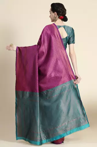 purple rama silk blend banarasi saree with unstitched blouse piece