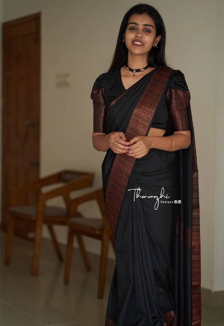 black soft art silk banarasi jacuard work designer party wear saree with unstitched blouse piece