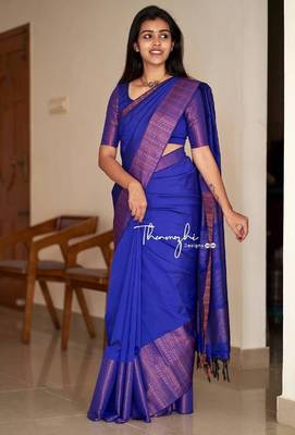 royal blue silk blend banarasi saree with unstitched blouse piece 1