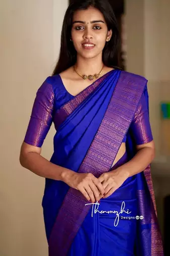 royal blue silk blend banarasi saree with unstitched blouse piece