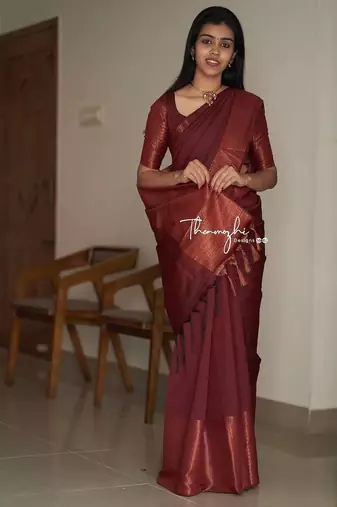 maroon soft art silk banarasi jacuard work designer party wear saree with unstitched blouse piece