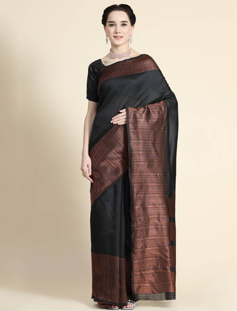black soft art silk banarasi jacuard work designer party wear saree with unstitched blouse piece