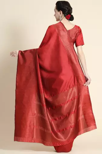 maroon silk blend banarasi saree with unstitched blouse piece