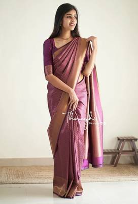 purple silk blend banarasi saree with unstitched blouse piece 1